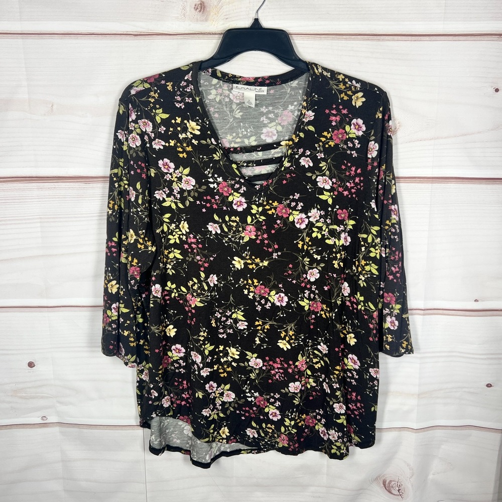 Emaline Top Womens 2X Brown Floral Blouse Strappy Neck Jersey Knit 3/4 Sleeve